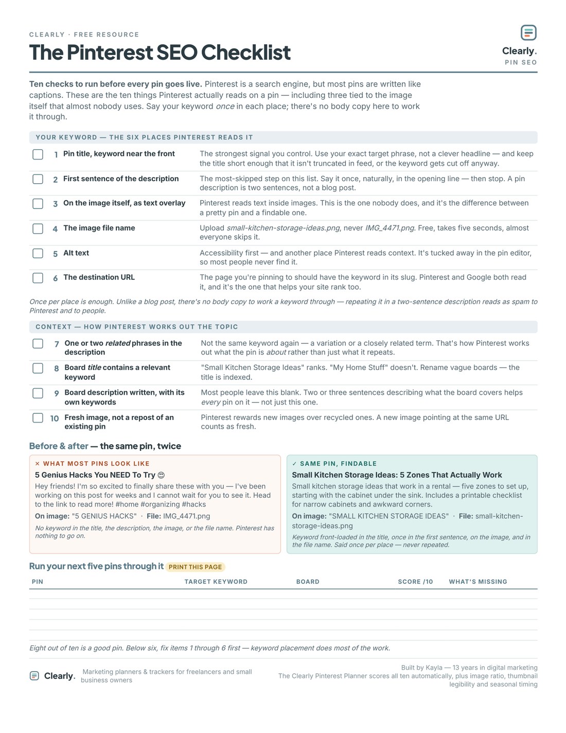 The one-page Pinterest SEO Checklist PDF: ten numbered checks in two groups, a before-and-after pin example, and a five-row scoring table.