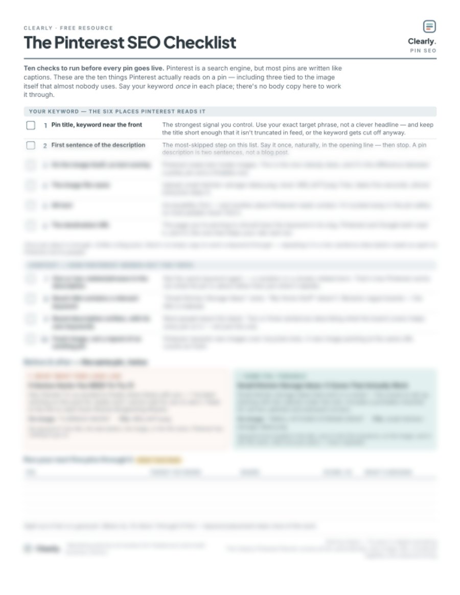 The one-page Pinterest SEO Checklist: the title and check one are readable, and the rest of the page is blurred until you sign up.
