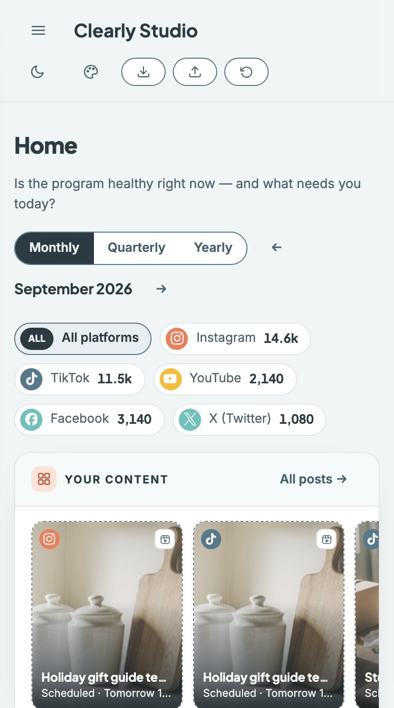 The Clearly Social Media Dashboard, Home view: a program health score, this month's platform follower counts, and a row of scheduled posts with their engagement rates.