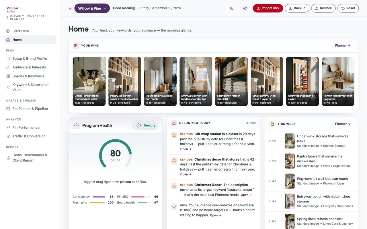 The Pinterest Planner themed in a buyer’s own purple and rose brand colors, with their logo in the sidebar.