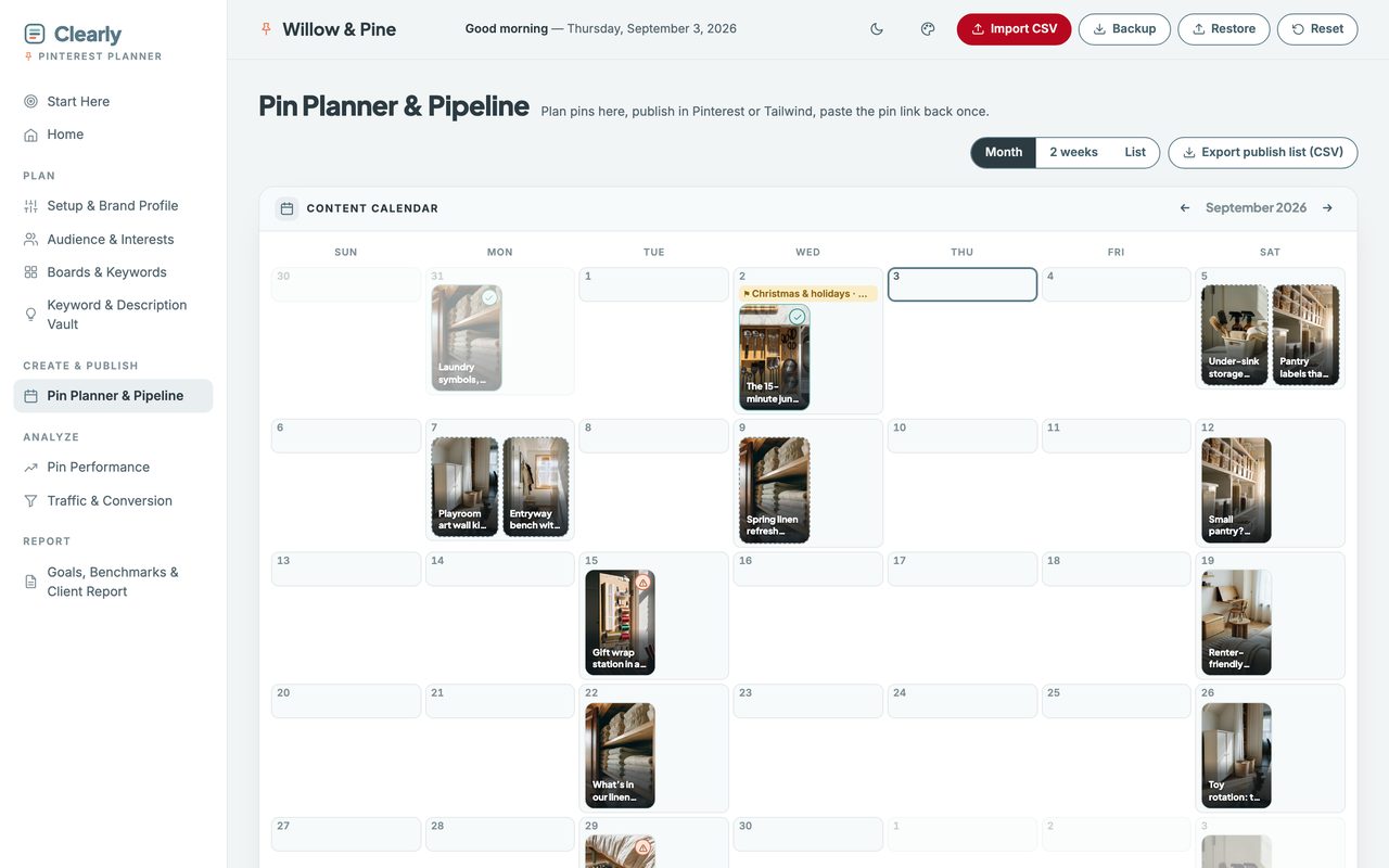 The Pinterest Planner’s pin calendar, with planned pin thumbnails placed on individual days.