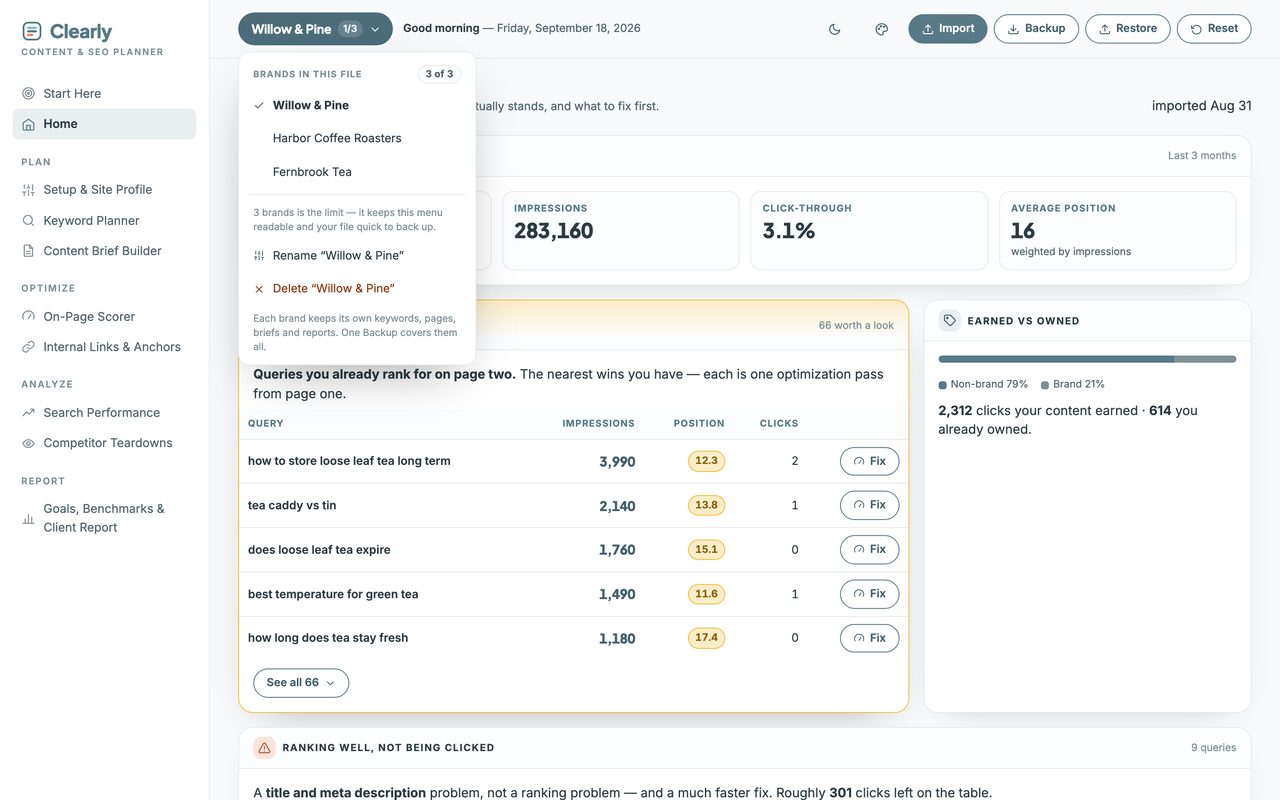 The SEO Keyword Planner with its brand menu open, listing three separate sites in the one file and a 3 of 3 limit.