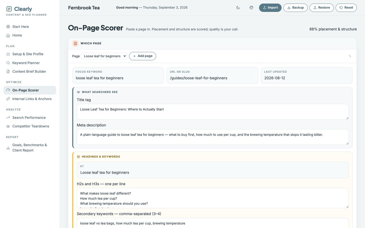 The SEO Keyword Planner’s on-page scorer showing a focus keyword, URL slug and the title tag a searcher sees.