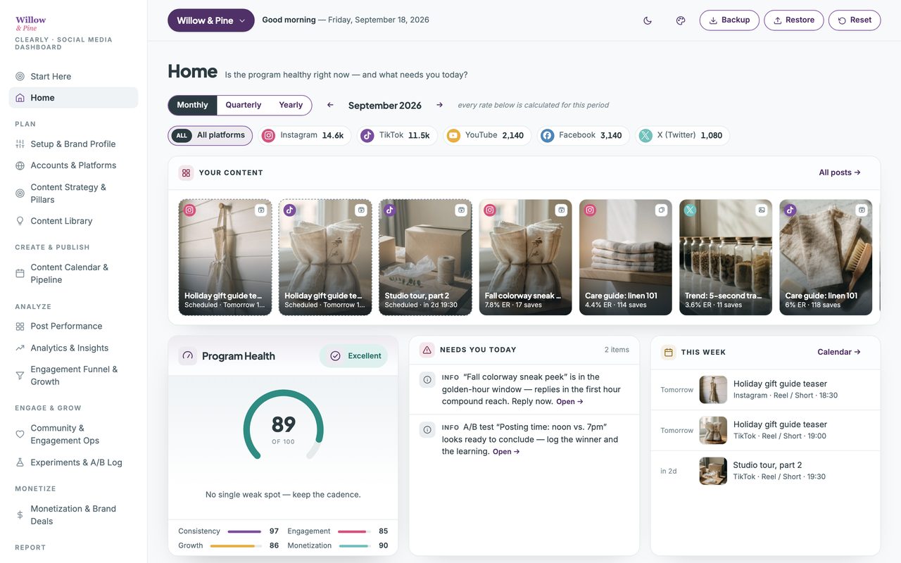 The Social Media Content Planner themed in a buyer’s own purple and rose brand colors, with their logo in the sidebar.