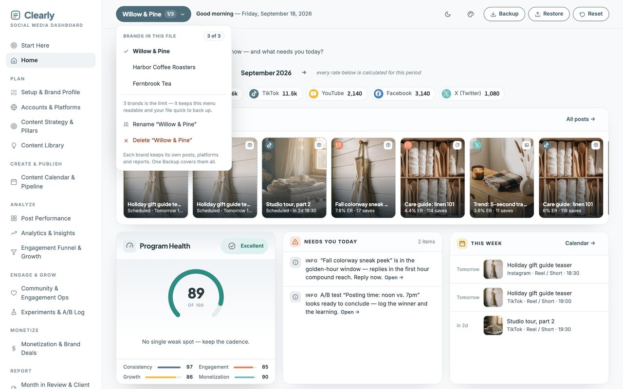 The Social Media Content Planner with its brand menu open, listing three separate brands in the one file and a 3 of 3 limit.